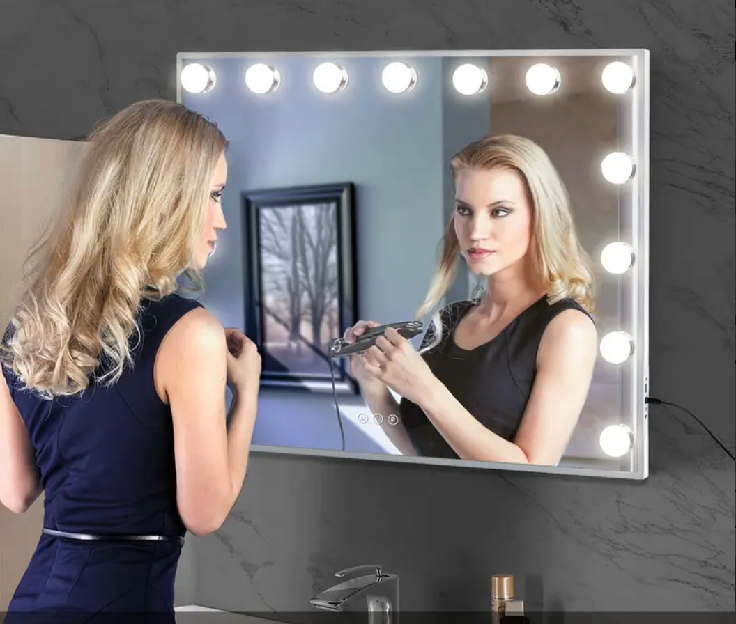 Hollywood Vanity Makeup Mirror - 23" x 19" with USB and USB to USB-C adapters, mountable or stand